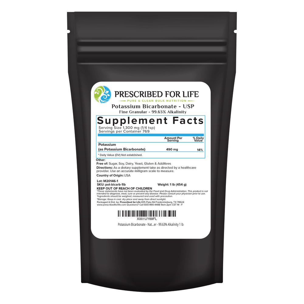 Front view of Prescribed for Life Potassium Bicarbonate Powder 1 lb package