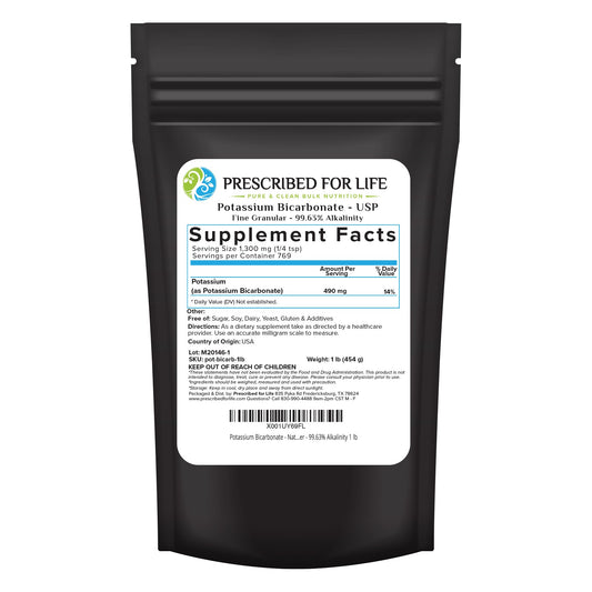 Front view of Prescribed for Life Potassium Bicarbonate Powder 1 lb package