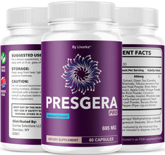 Rear label view of Presgera Pro bottle showing 180 capsules