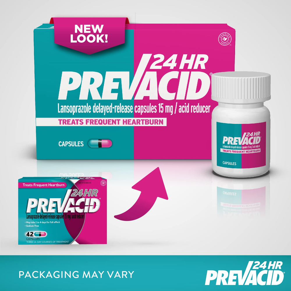 Prevacid 24HR capsules closeup highlights 15 mg dose for steady relief.