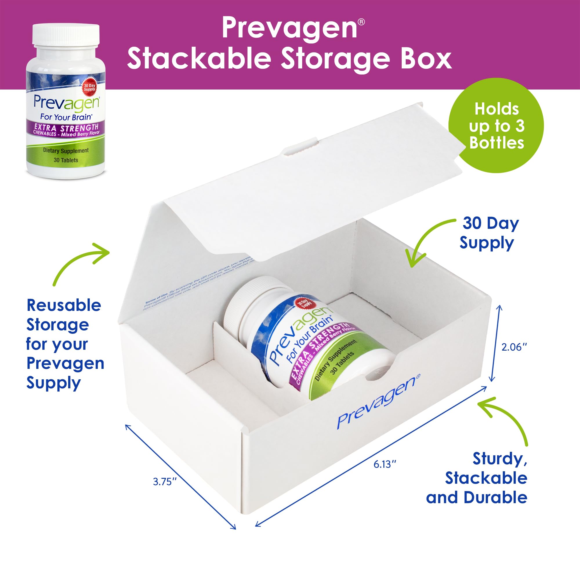 Prevagen box front highlighting compact, stackable packaging