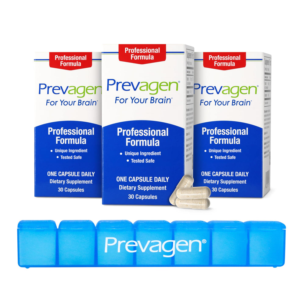 Prevagen Professional Formula bottle on table for daily brain support.