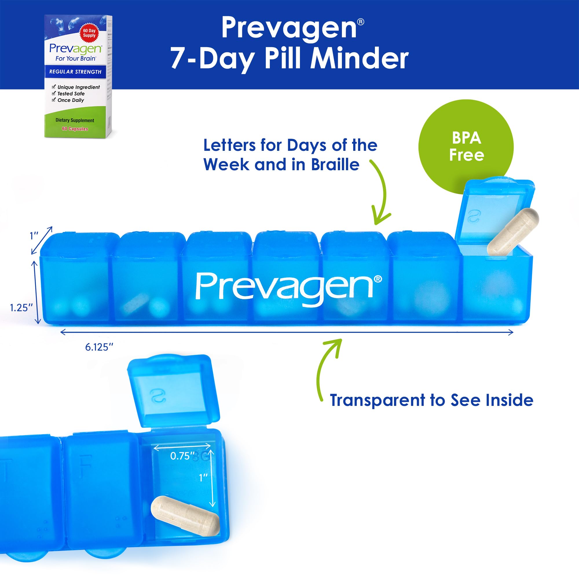Prevagen Regular Strength bottle side view showing easy-to-swallow capsule design.
