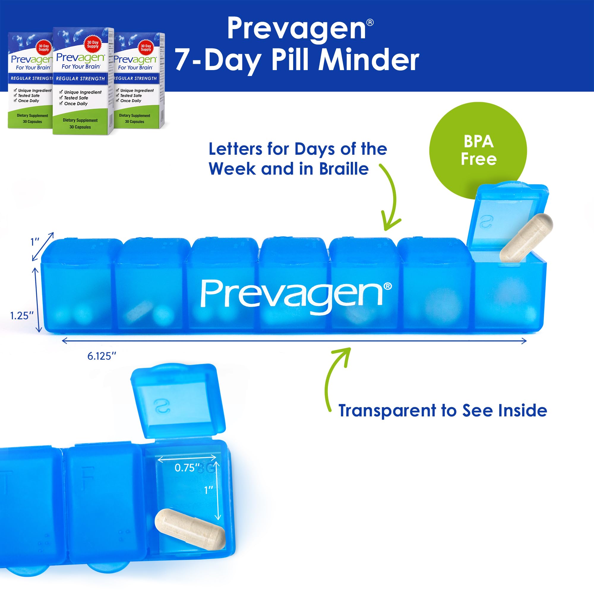 Prevagen Regular Strength capsules close-up showing an easy-to-swallow form.