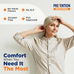 Close-up of Prevention Oncology Mouthwash label: alcohol-free, fluoride-free