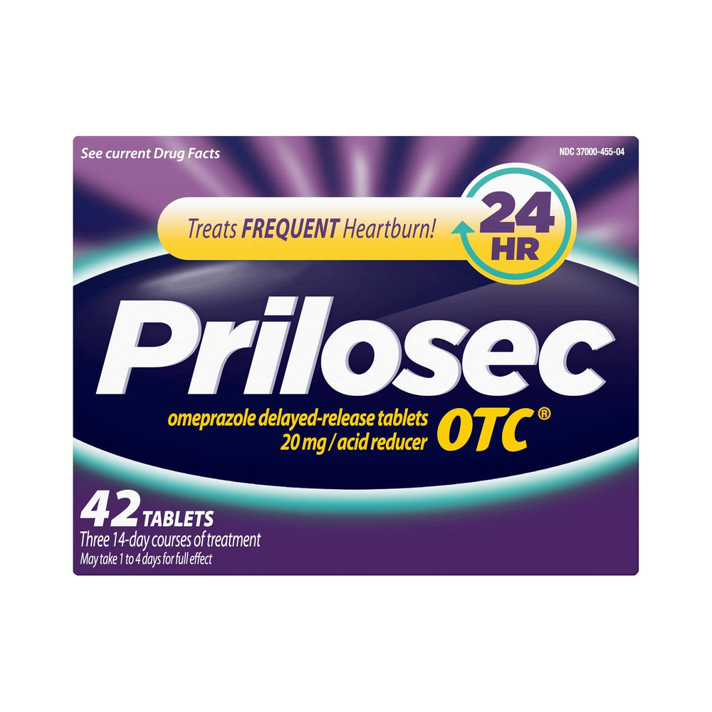 Prilosec OTC packaging in hand for portable on-the-go relief.