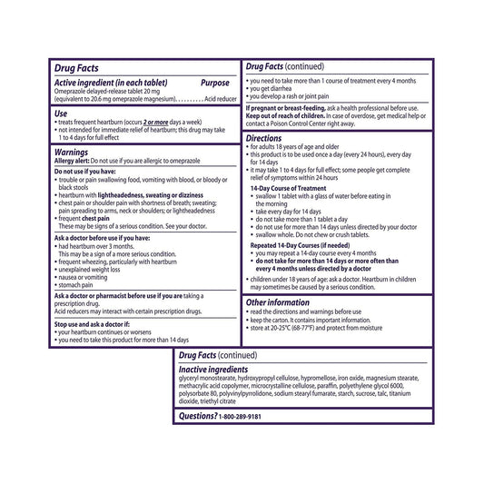 Prilosec OTC tablets closeup highlighting 20 mg omeprazole for routine use.