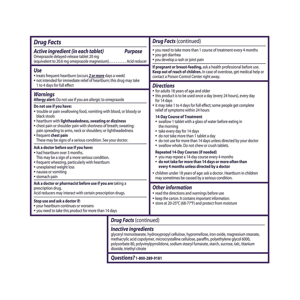 Prilosec OTC tablets closeup highlighting 20 mg omeprazole for routine use.