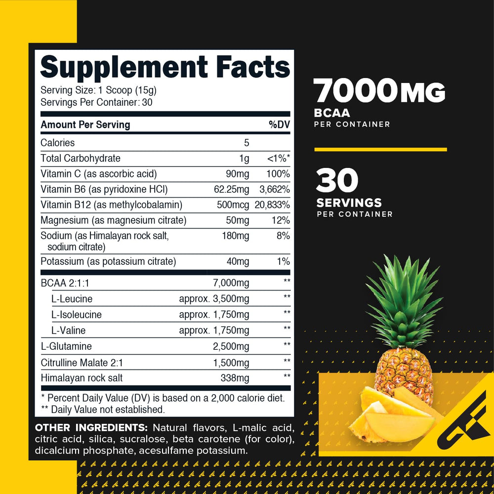 Nutritional label for Primaforce Pineapple Mango BCAA Powder