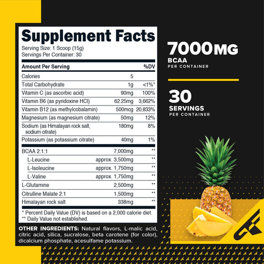Nutritional label for Primaforce Pineapple Mango BCAA Powder