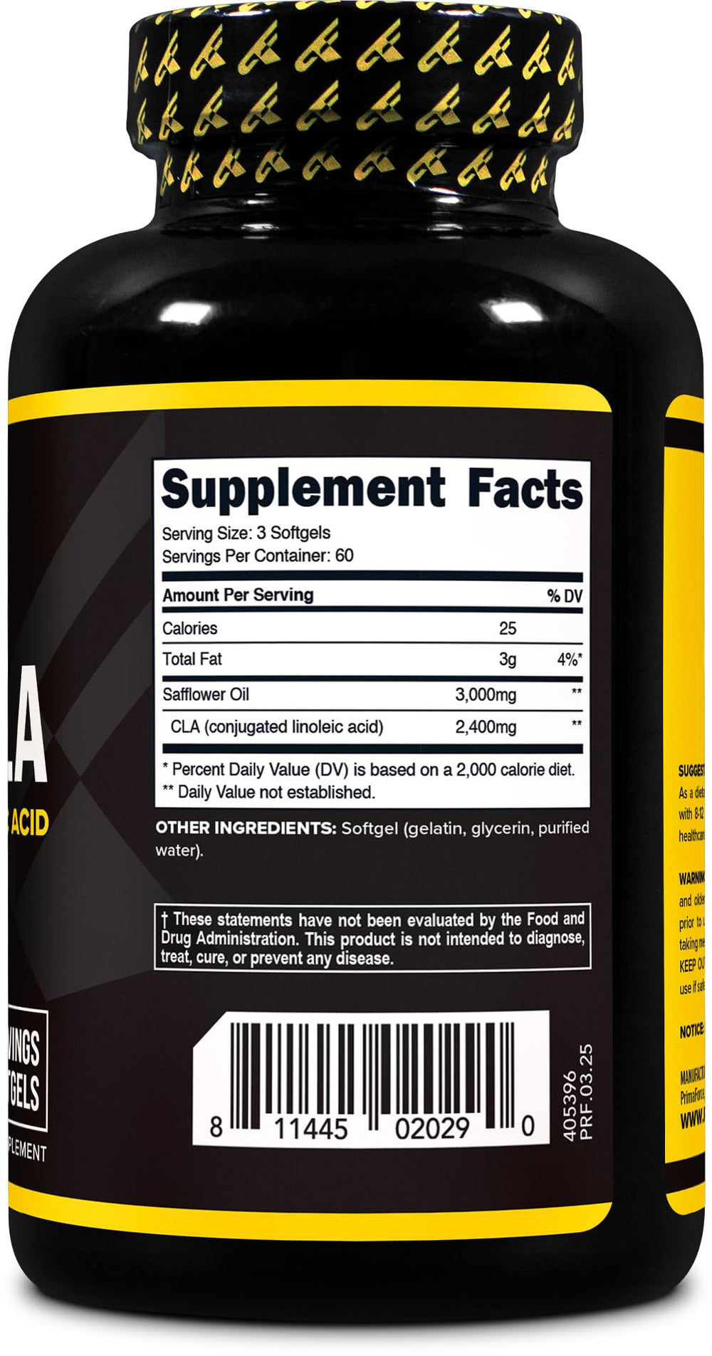 Nutrition facts panel for Primaforce CLA (60 servings)