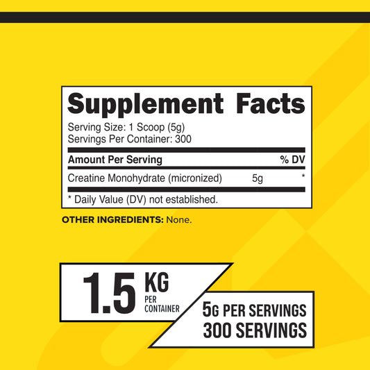 Back label view of Primaforce Creatine Monohydrate 1.5 KG bottle