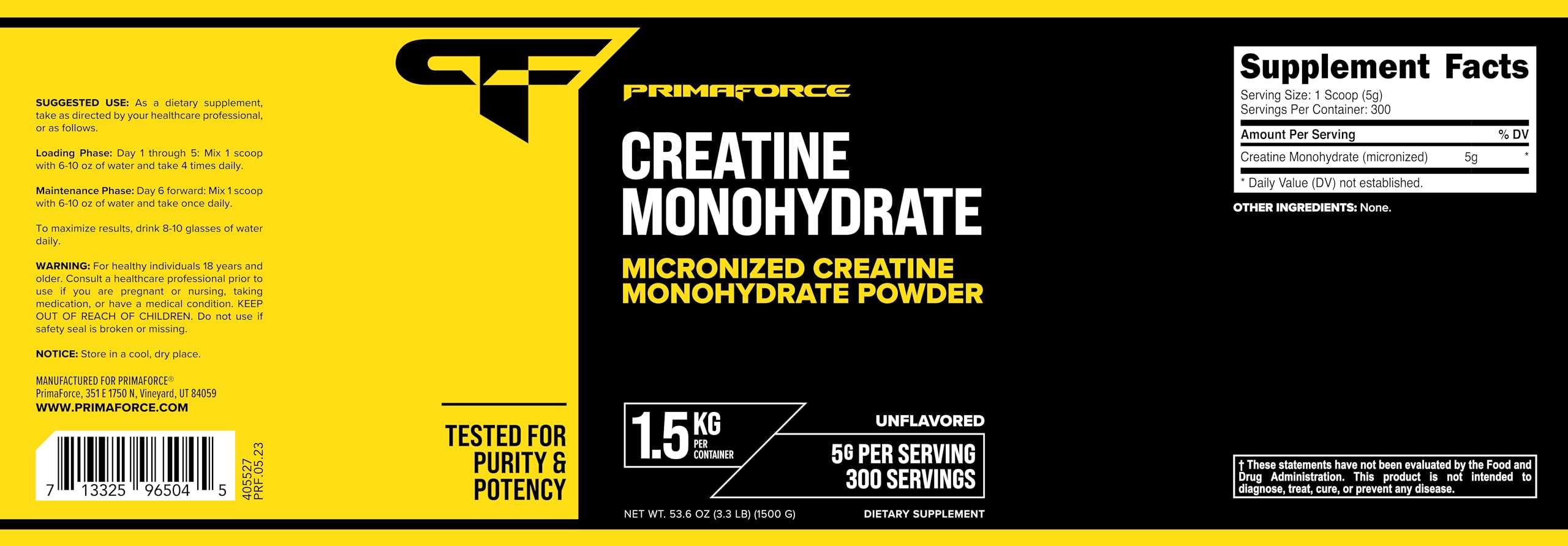 Product packaging and angled view of Primaforce Creatine Monohydrate 1.5 KG