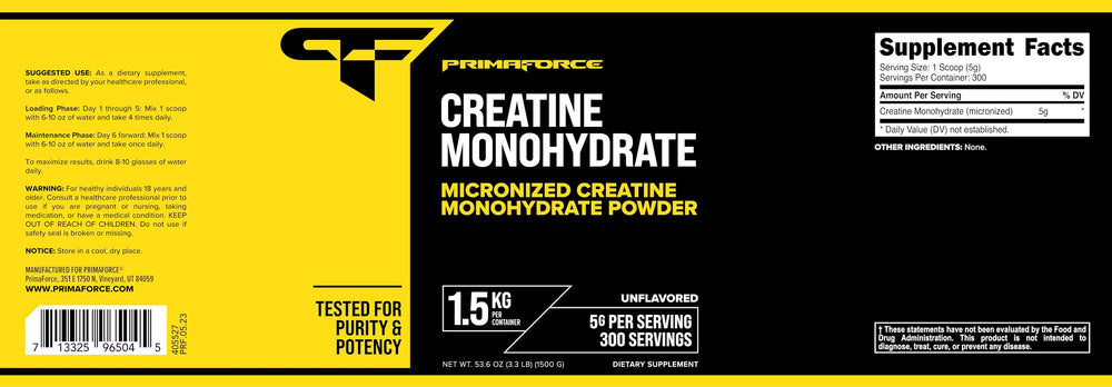 Product packaging and angled view of Primaforce Creatine Monohydrate 1.5 KG