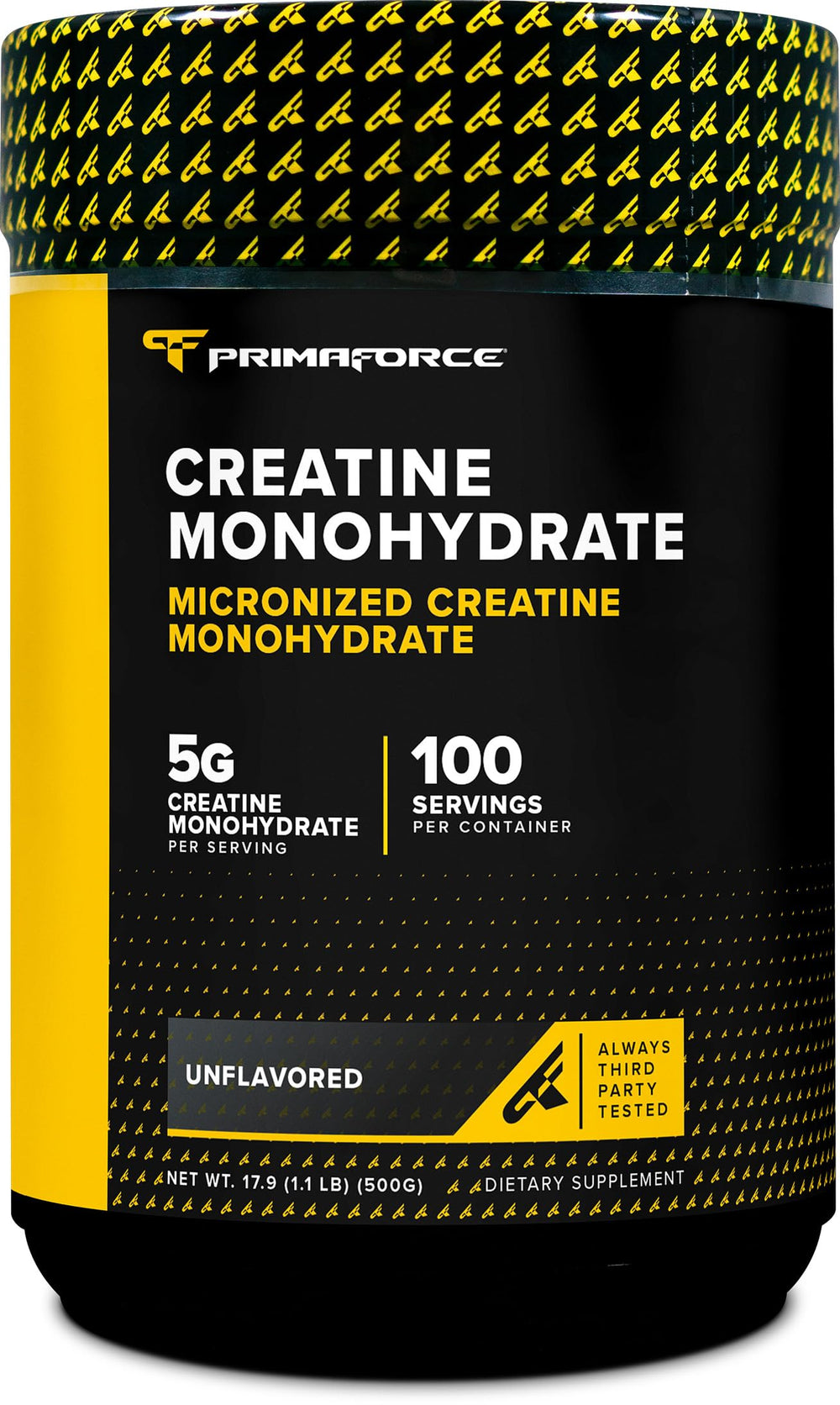 Front view of Primaforce Micronized Creatine Monohydrate Powder 500 g bottle