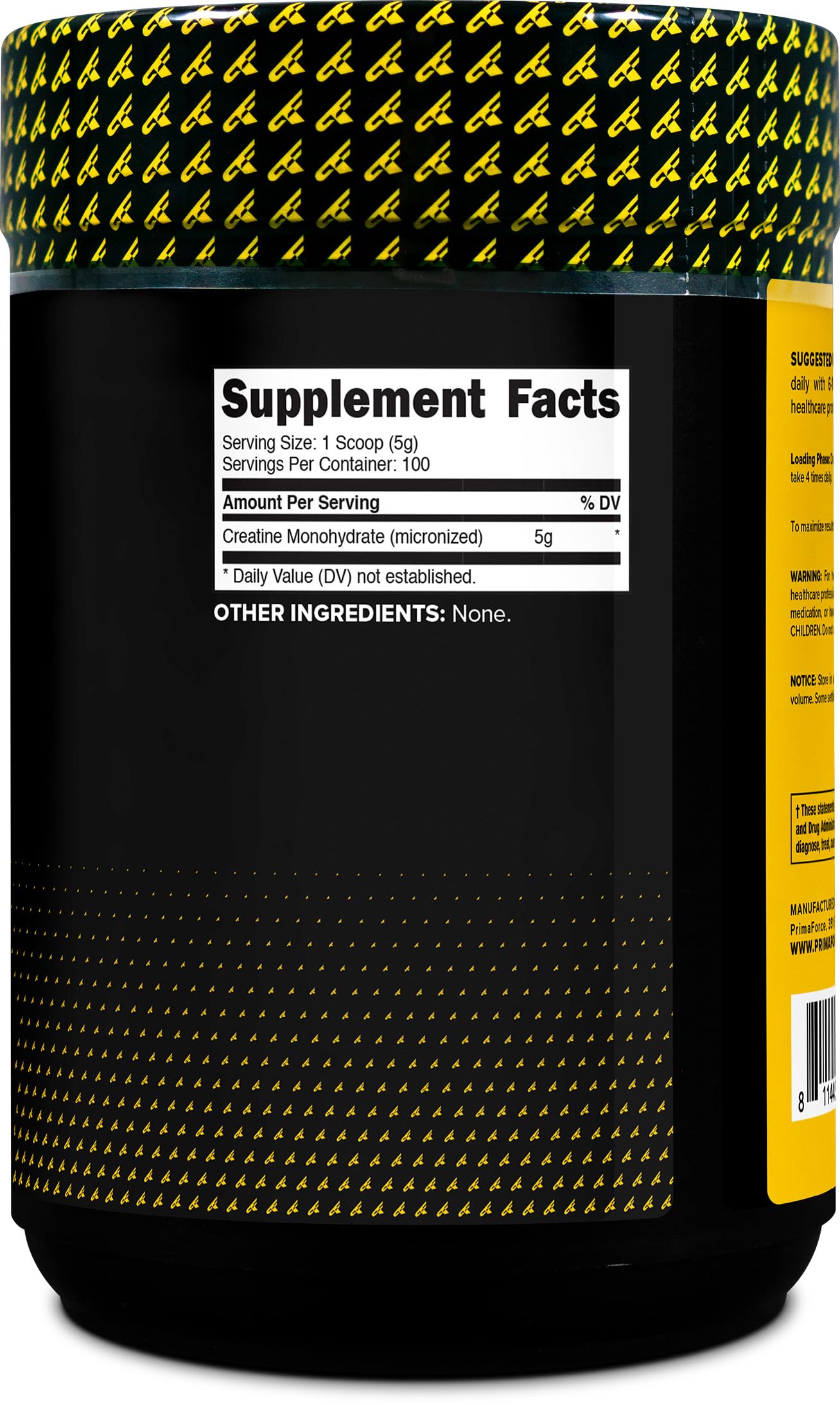 Nutrition facts label for Primaforce Creatine Monohydrate 500 g