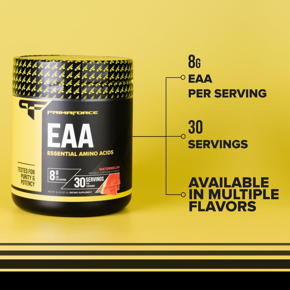 Serving scoop next to tub of Primaforce EAA Powder Watermelon