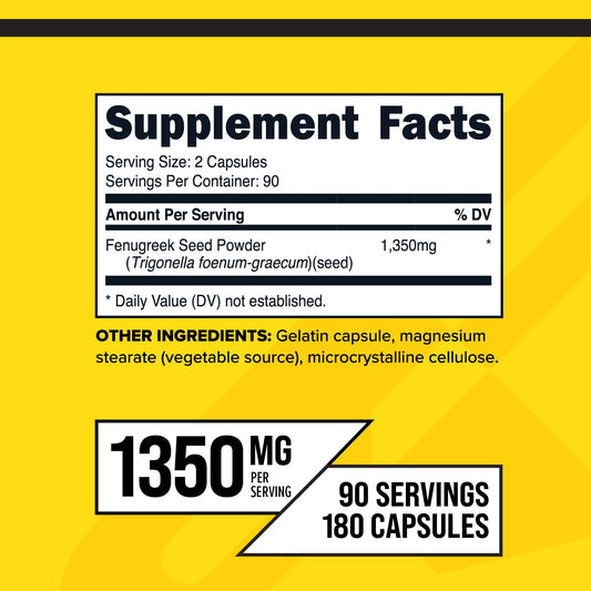 Close-up of Fenugreek Seed Capsules showing 1350 mg per serving