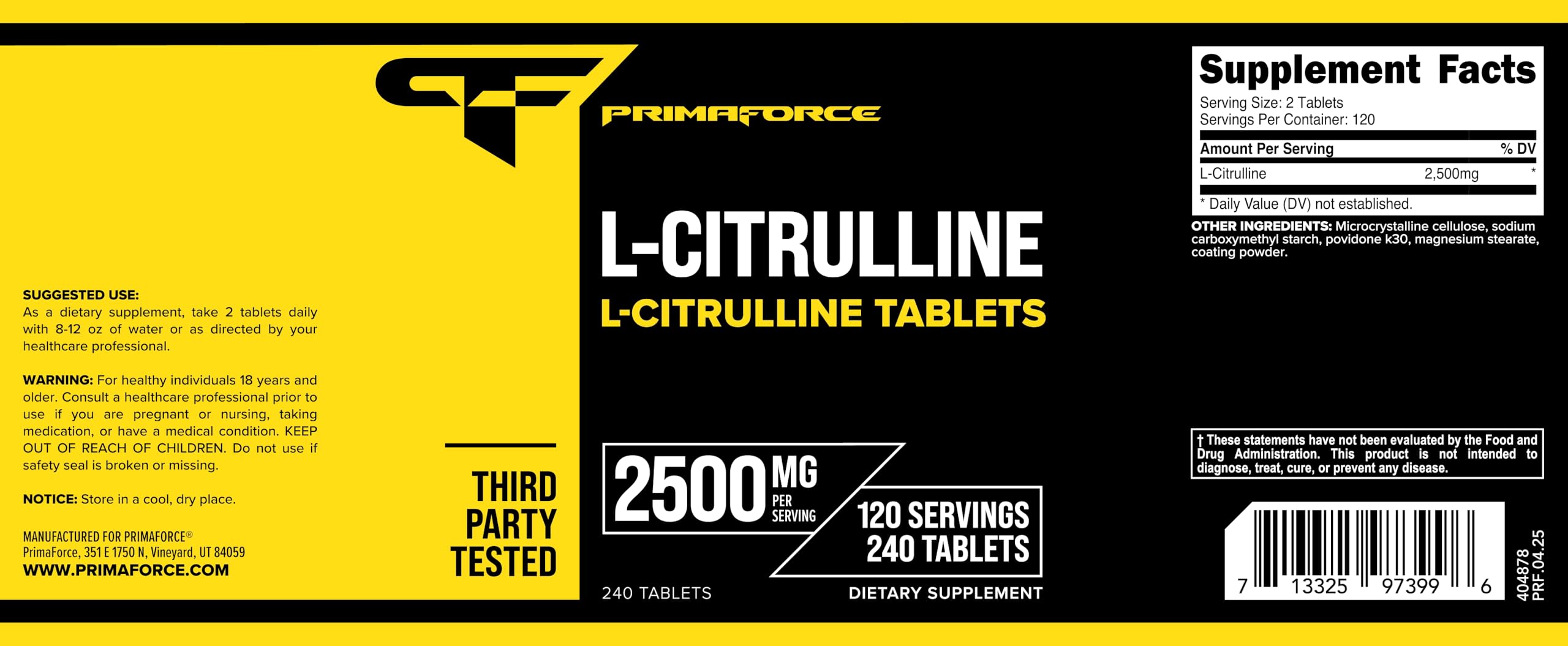 Ingredients and supplement facts for Primaforce L-Citrulline 2500mg 240 tablets