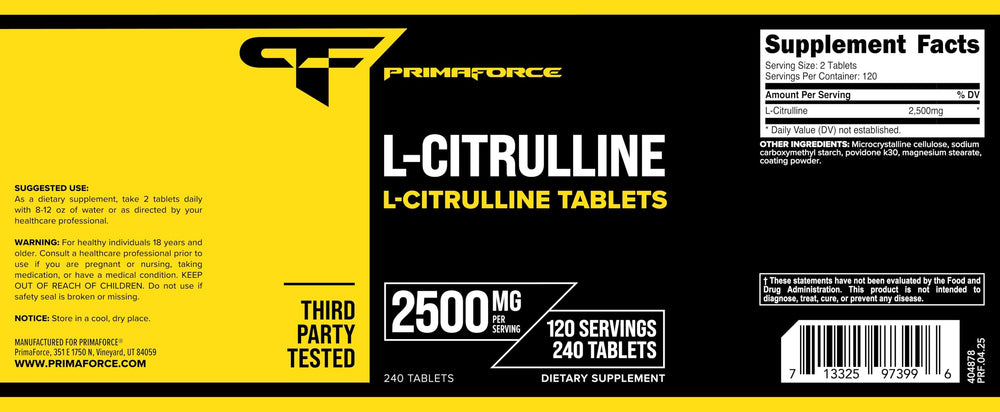 Ingredients and supplement facts for Primaforce L-Citrulline 2500mg 240 tablets