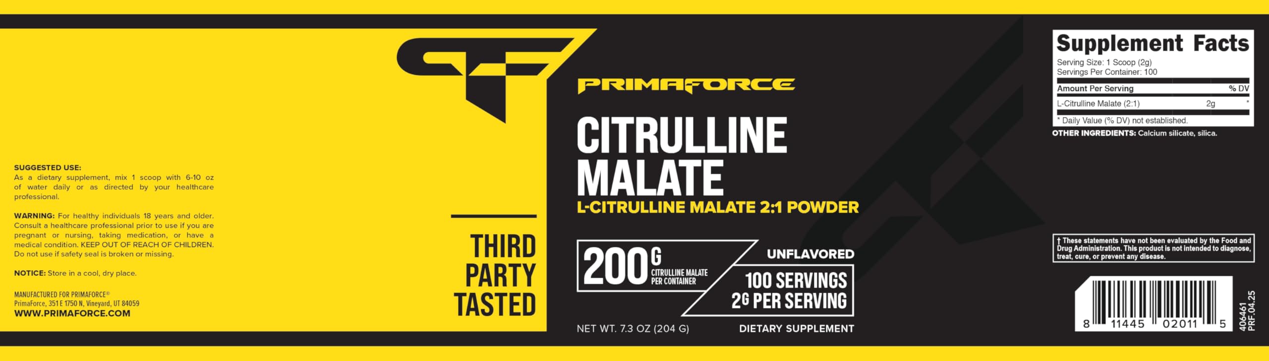 Container close-up of PrimaForce L-Citrulline Malate Powder 200g