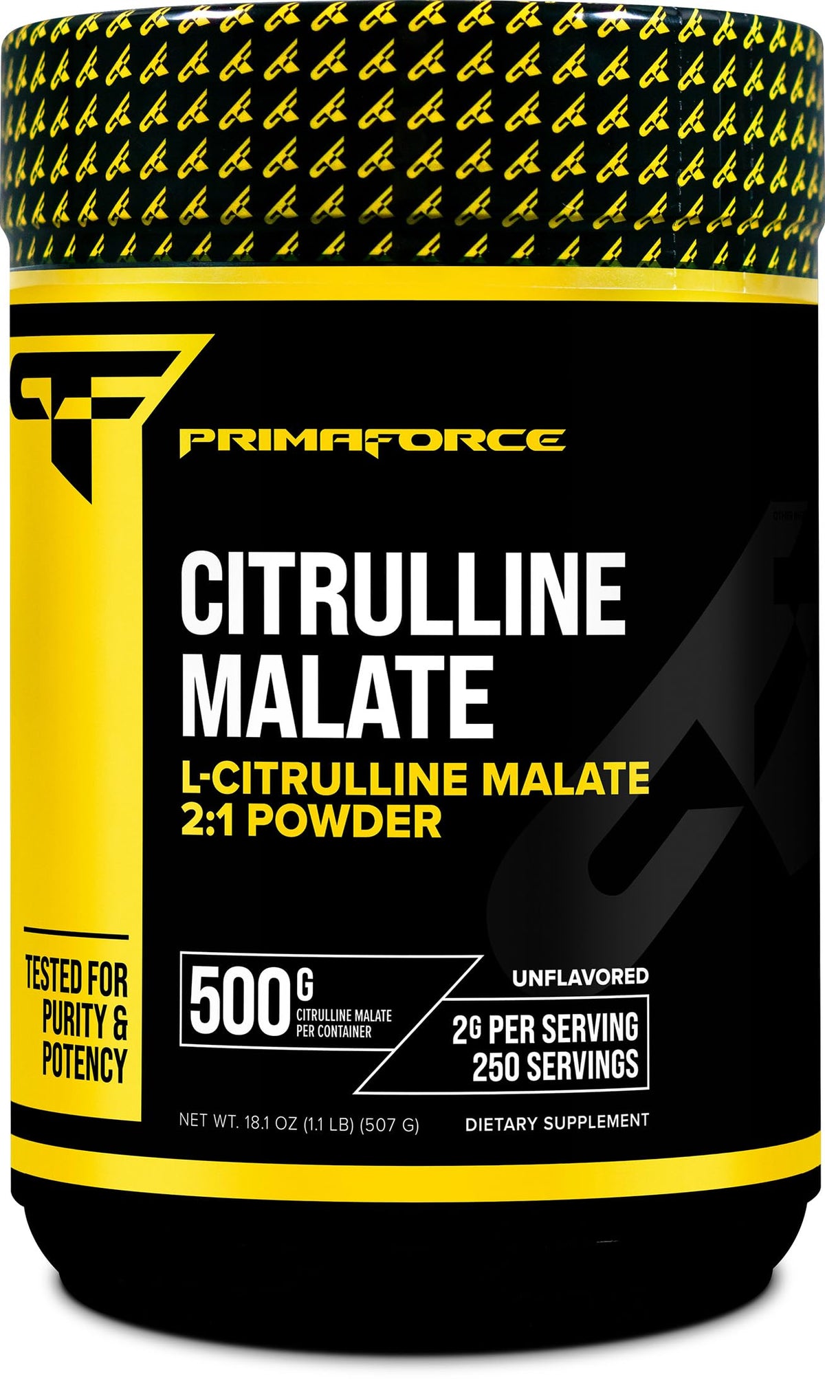 Front view of PrimaForce L-Citrulline Malate Powder 500g container, unflavored