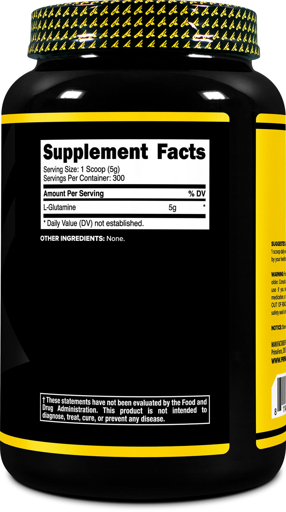 Serving size showing unflavored L-Glutamine powder with scoop