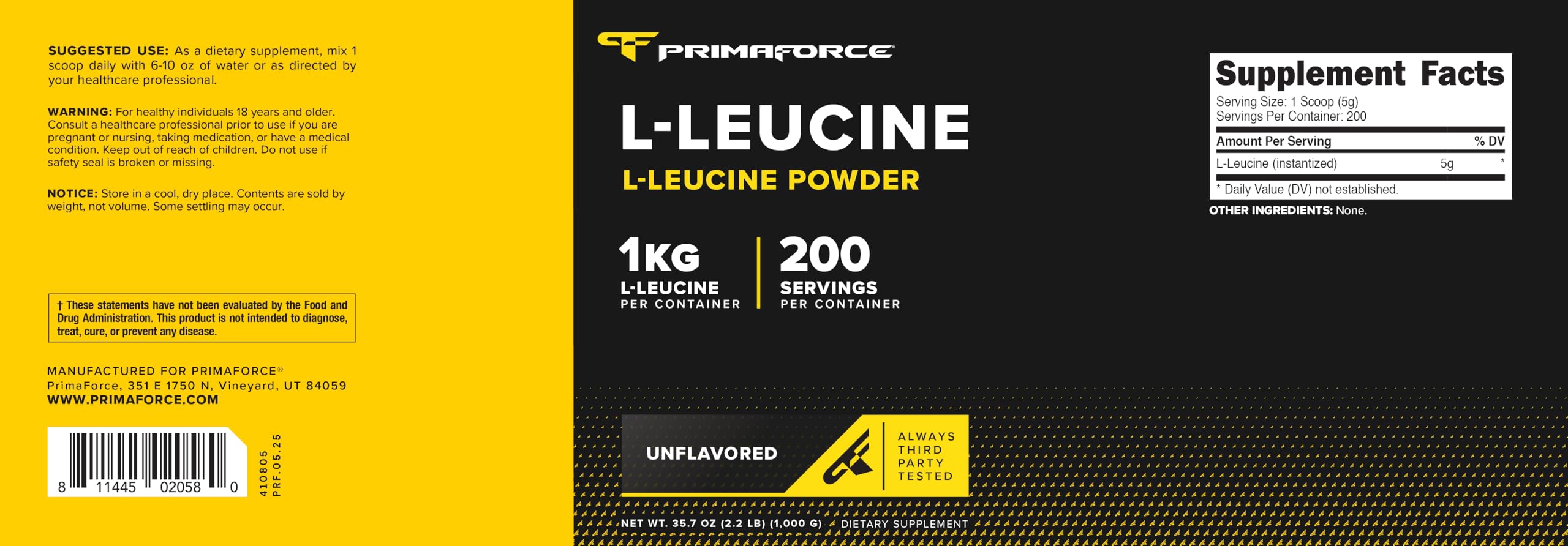 Whole Primaforce L-Leucine Pure Powder bottle on white background