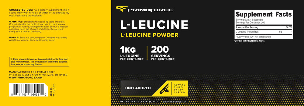 Whole Primaforce L-Leucine Pure Powder bottle on white background