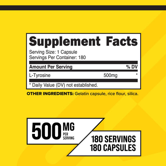 Close-up of L-Tyrosine capsules showing 500 mg dosage
