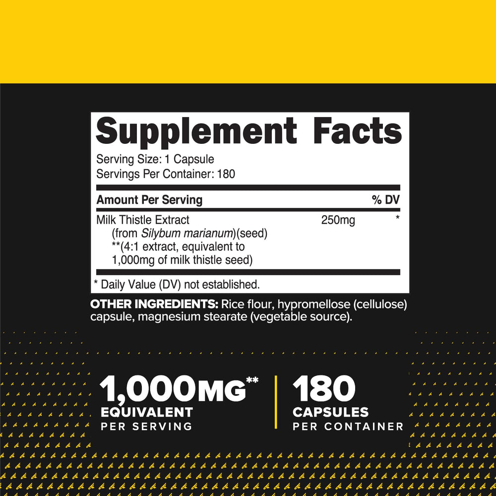 Close-up of 4:1 milk thistle extract potency indicating 1000 mg equivalent