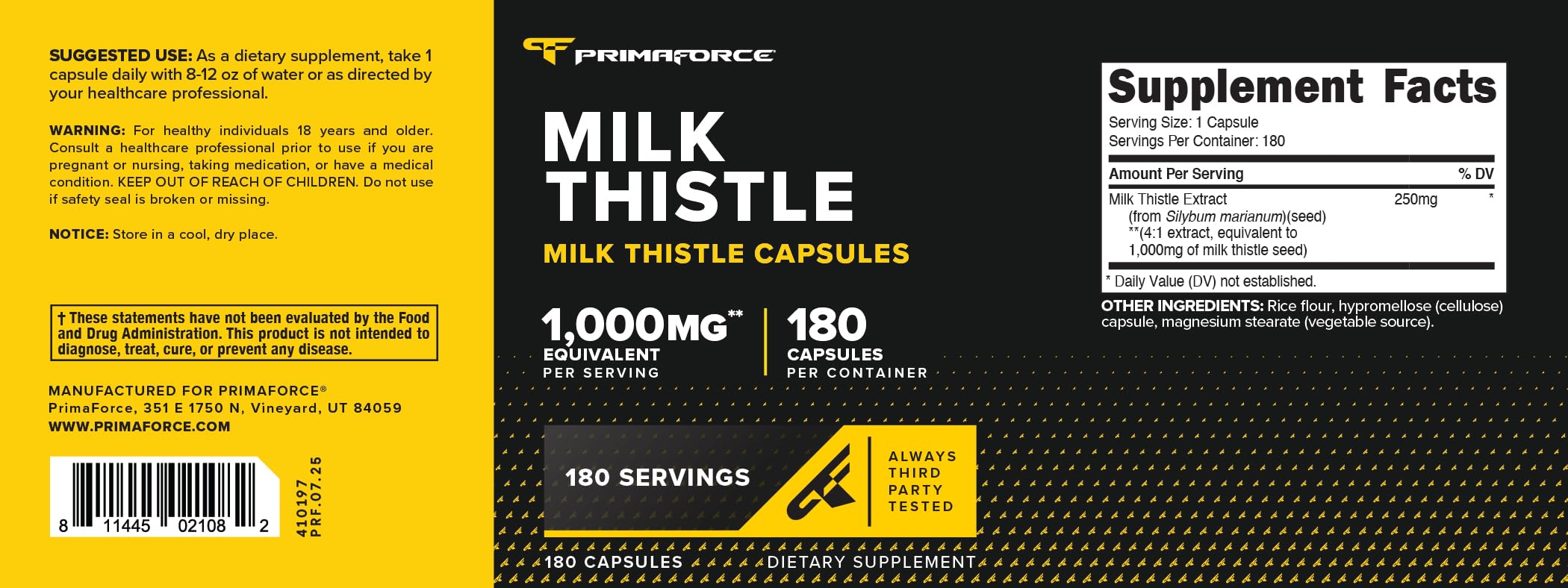 Nutrition facts showing 1000 mg milk thistle per serving