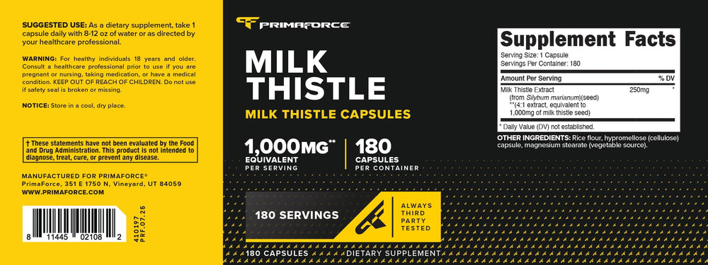 Nutrition facts showing 1000 mg milk thistle per serving