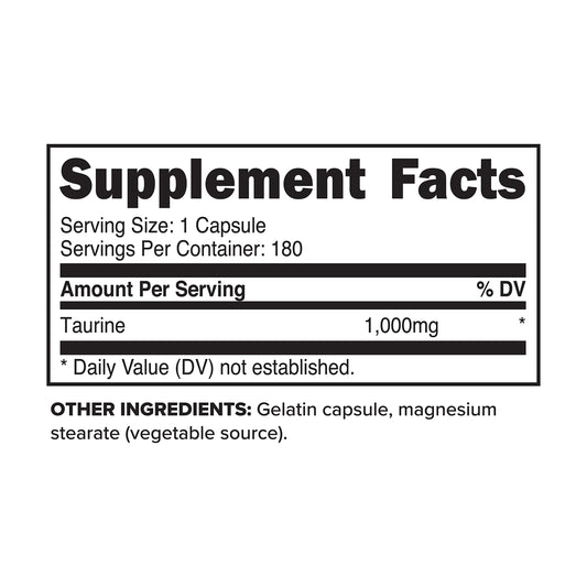 Taurine capsules displaying 1000mg per capsule