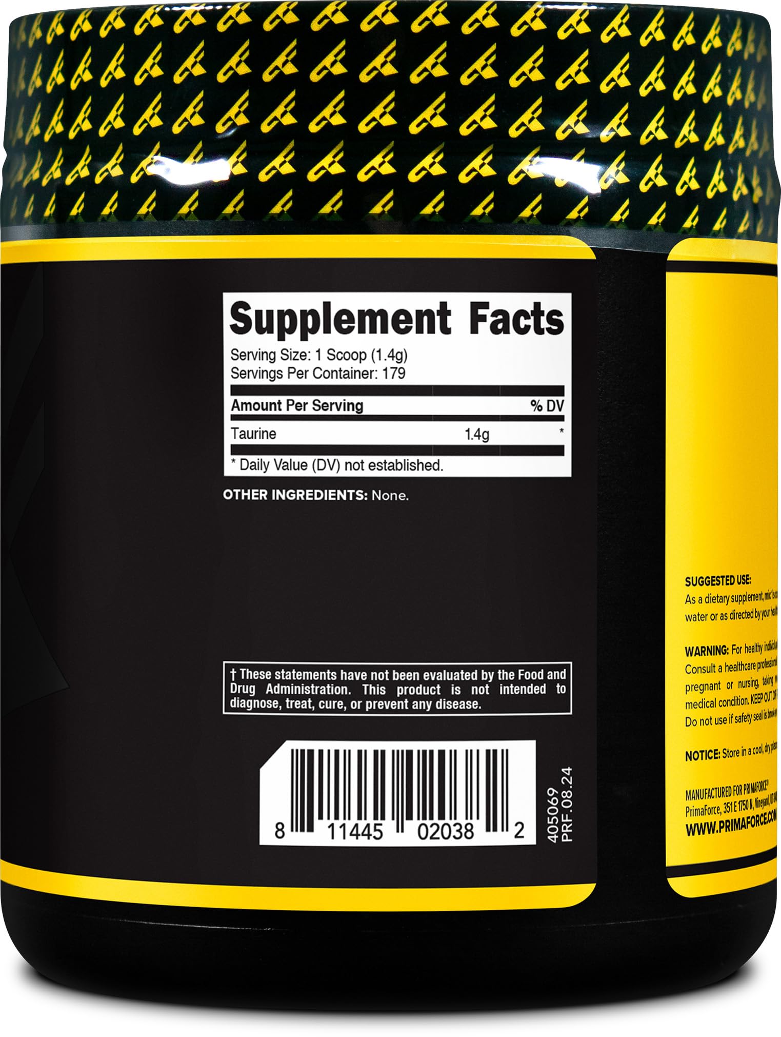 Taurine powder container with label