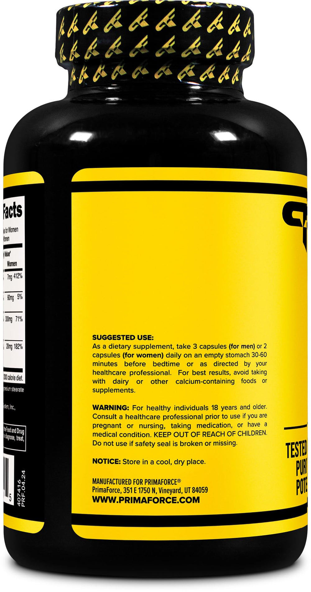 Back label of Primaforce ZMA bottle showing supplement facts