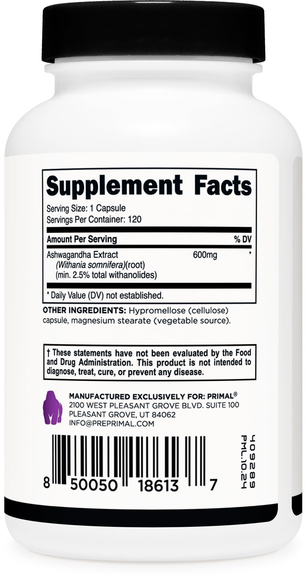 Third-party testing certificate for Primal Ashwagandha Root Extract