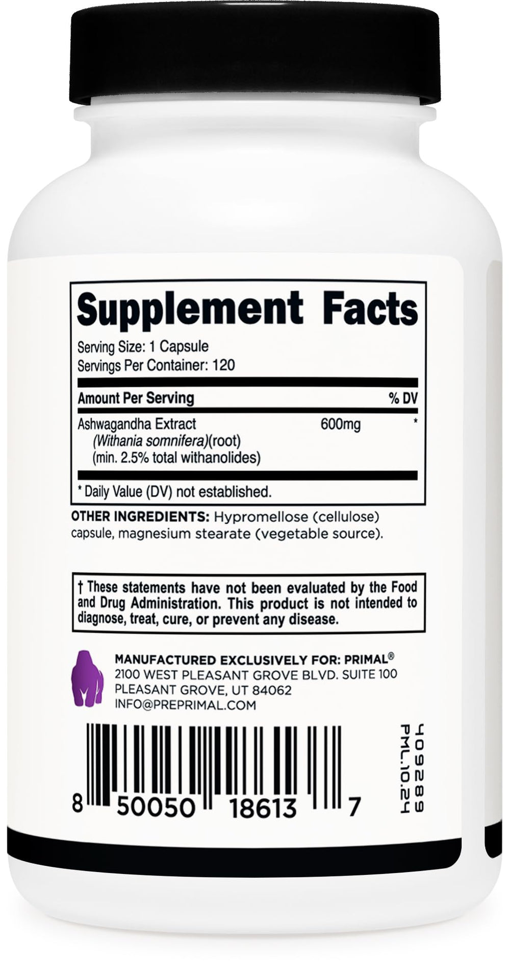 Third-party testing certificate for Primal Ashwagandha Root Extract