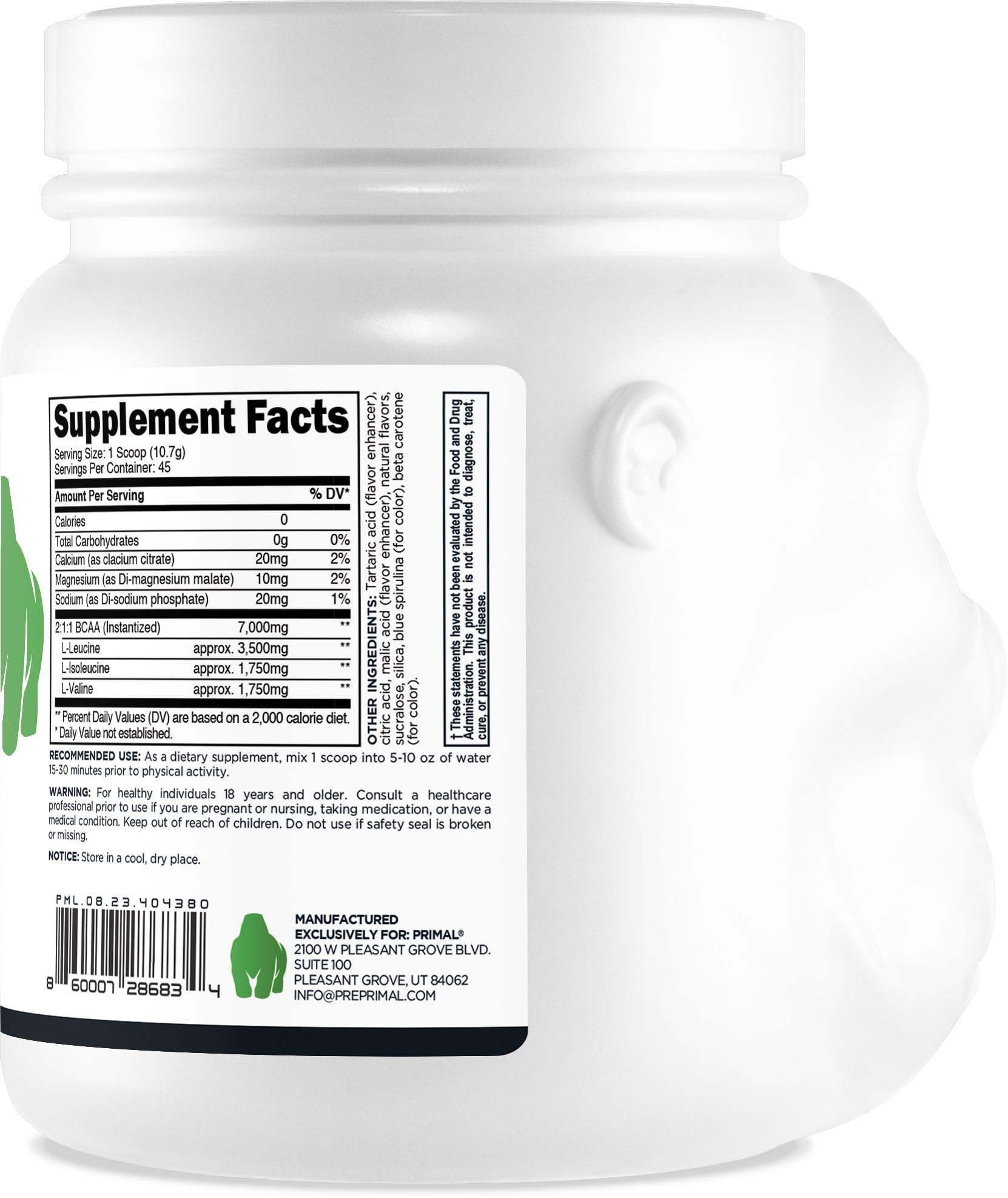 Gluten-free and non-GMO Primal BCAA Powder Great Ape packaging
