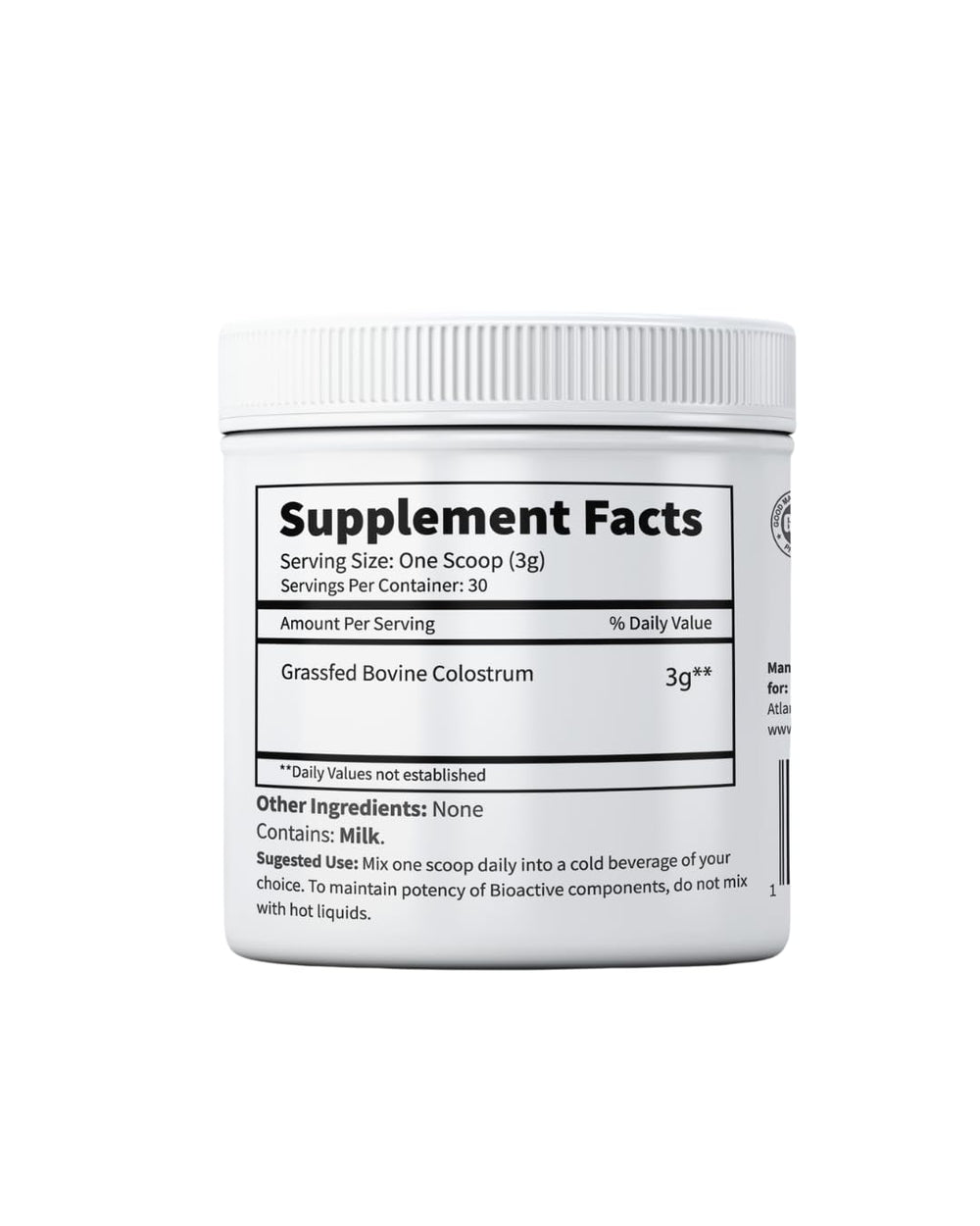 Label showing 3000 mg per serving for Primal Being Colostrum powder