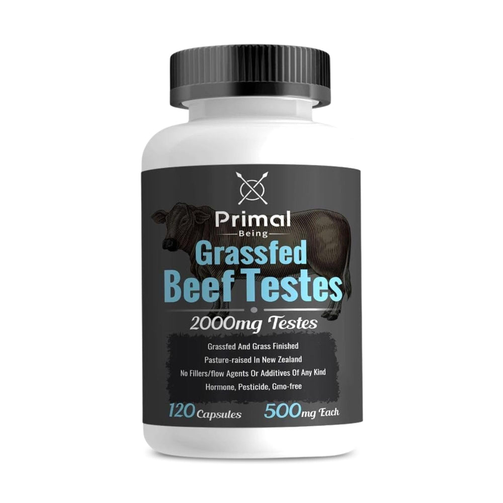 Primal Being beef testes capsules bottle for daily wellness.
