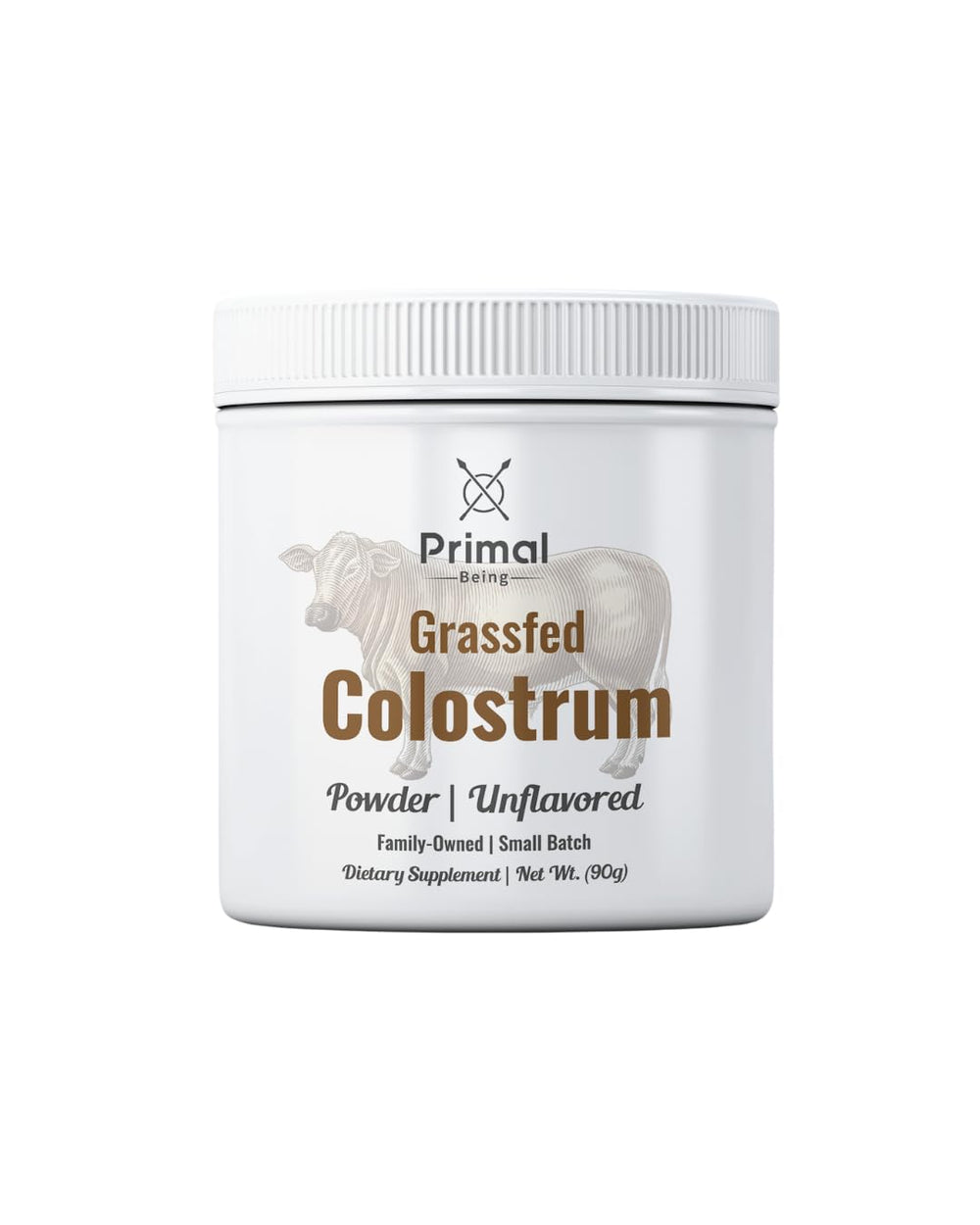 Primal Being Grassfed Colostrum Powder 90 g with scoop on white background