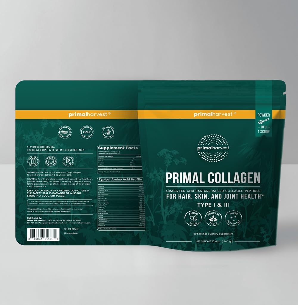 Primal Harvest Collagen Powder scoop with powder beside the canister for easy daily serving