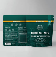 Primal Harvest Collagen Powder scoop with powder beside the canister for easy daily serving