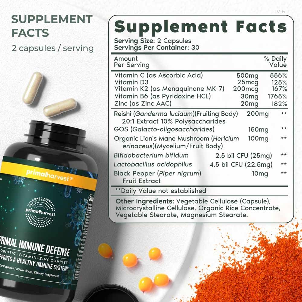 Close-up of the Primal Harvest Immune Defense 60-capsule bottle label