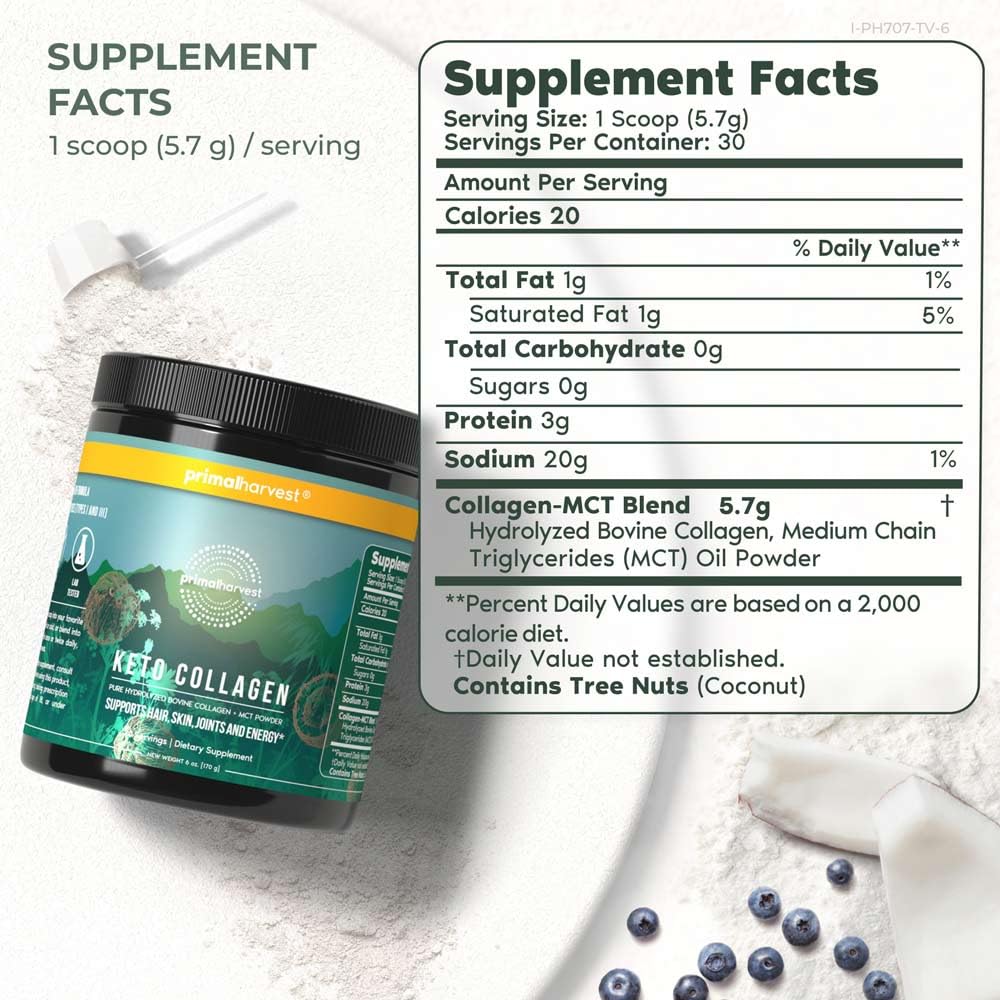 Scoop of Primal Harvest Keto Collagen Powder with measuring spoon