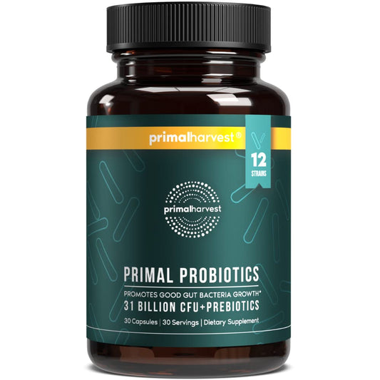 Primal Harvest Probiotics bottle with 12 strains on label