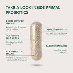 Primal Harvest Probiotics bottle label detail highlighting a multi-strain formula.