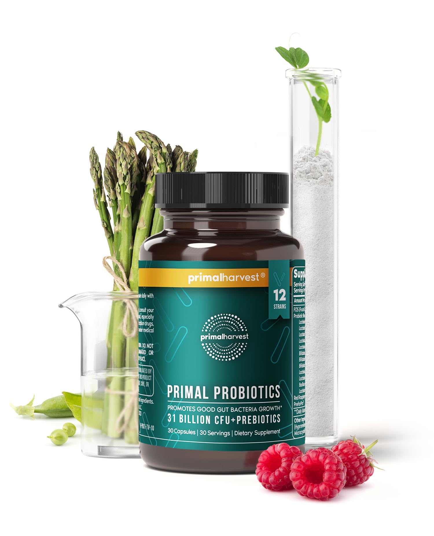Primal Harvest Probiotics bottle beside a healthy meal illustrating digestion-friendly use.