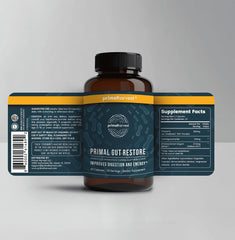 Primal Harvest Restore prebiotics capsules supporting gut-friendly fibers.
